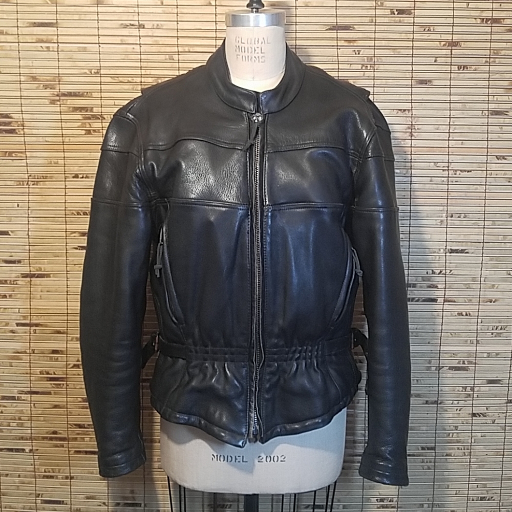 Heavy Duty Black Leather Motorcycle Jacket Large Lined